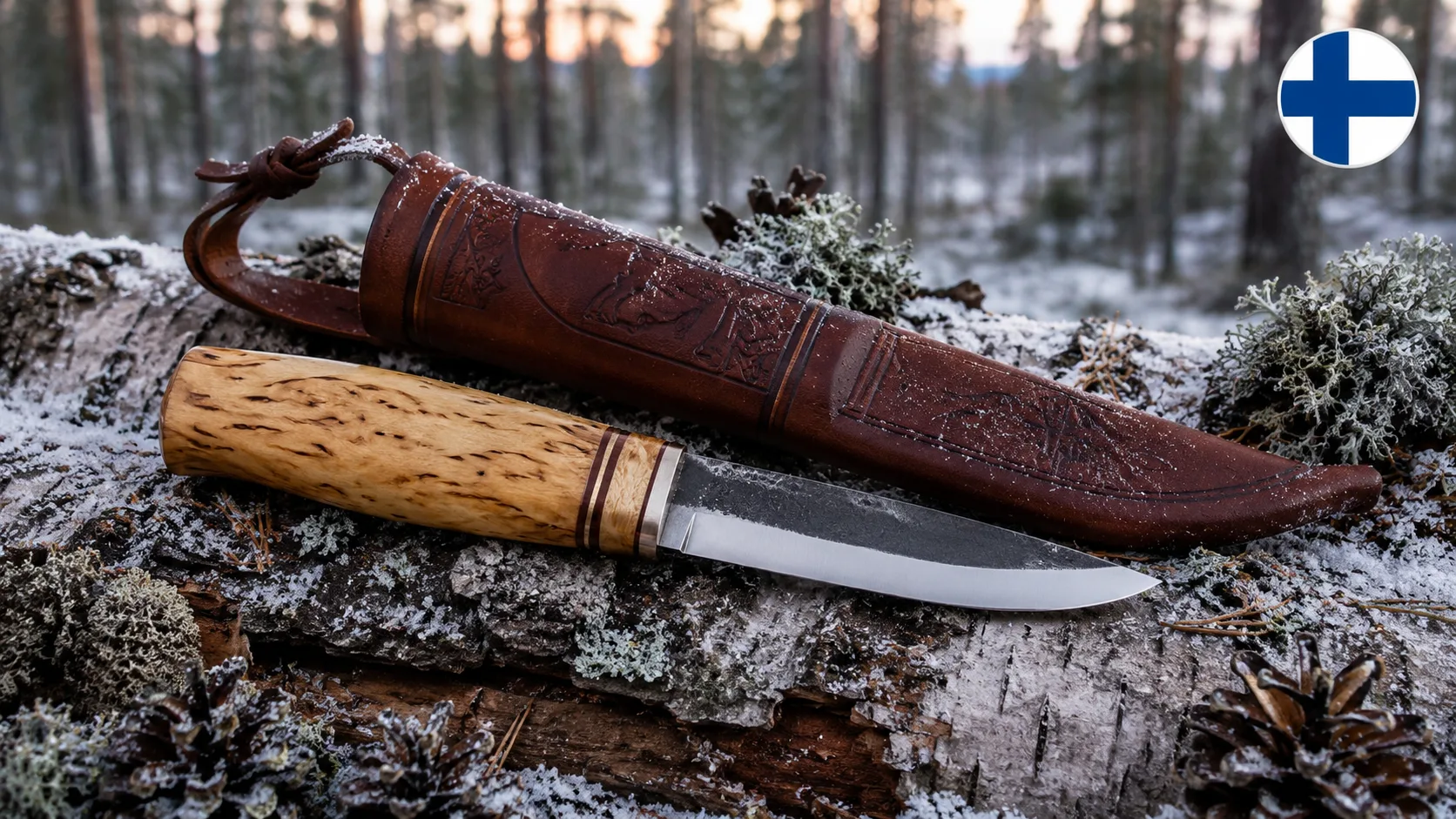 Traditionell finsk puukkokniv med björkträskaft och läderhölster i nordisk natur
