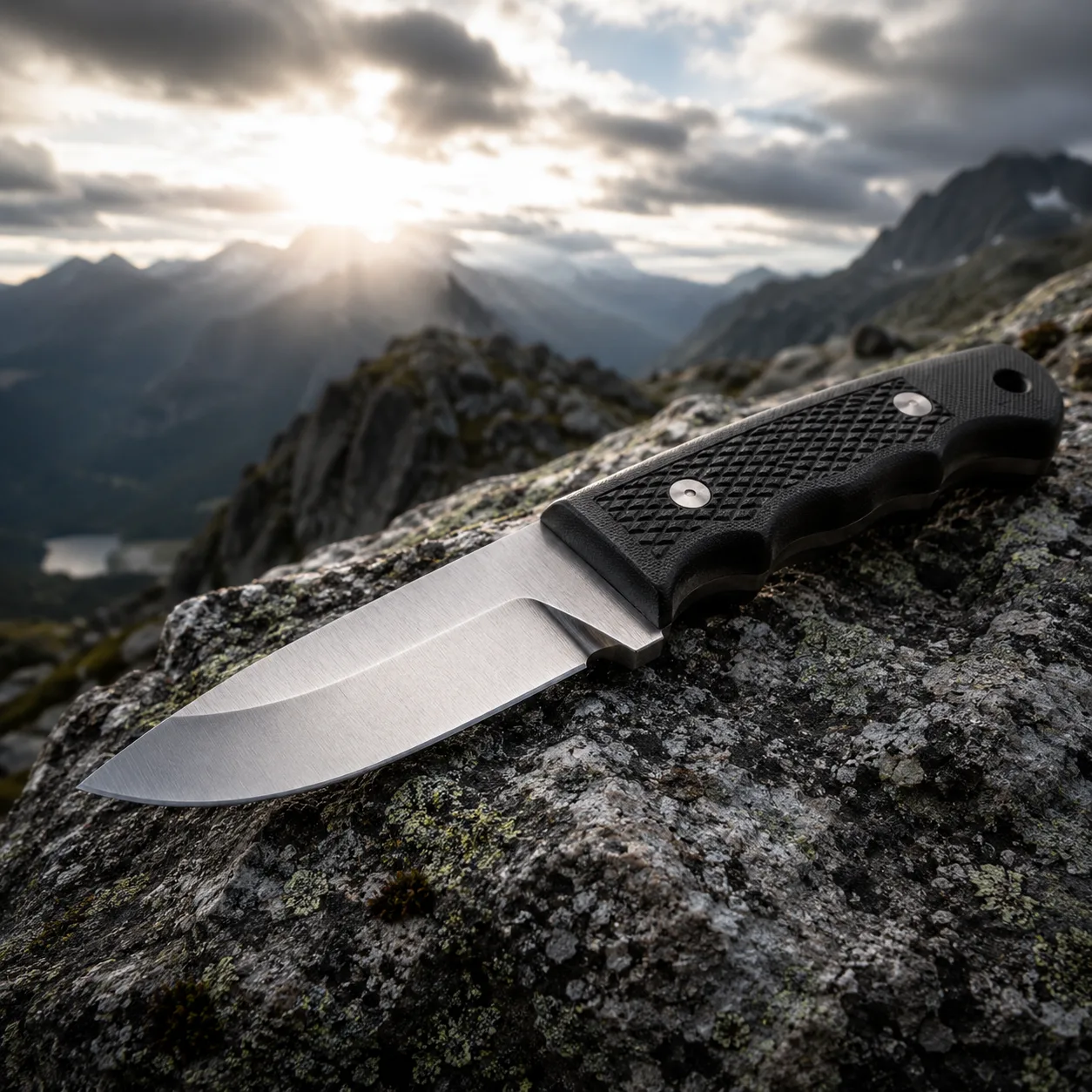 Robust fulltångekniv med Scandi-slipat blad och synlig tång på granit