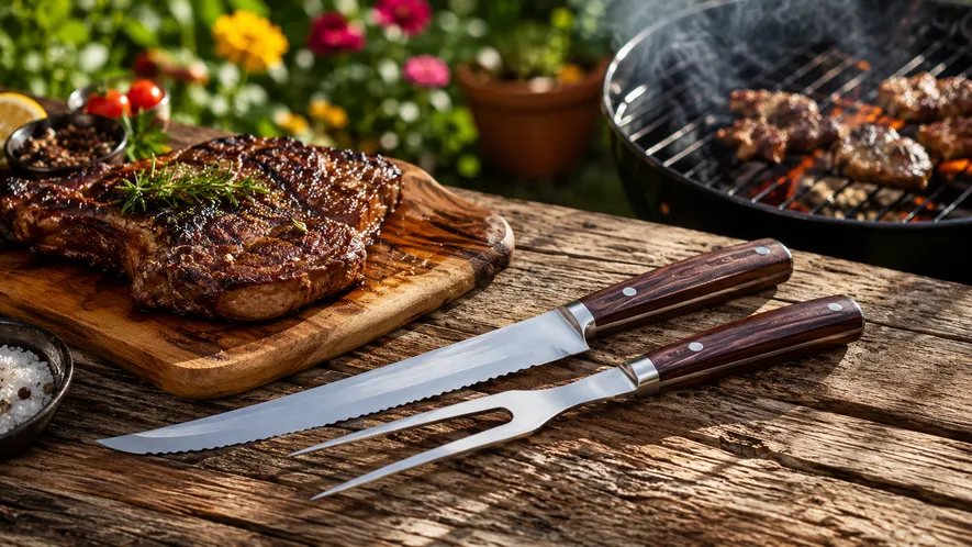 Grillbestick med lång tandad kniv och gaffel vid grillen med kol och biff