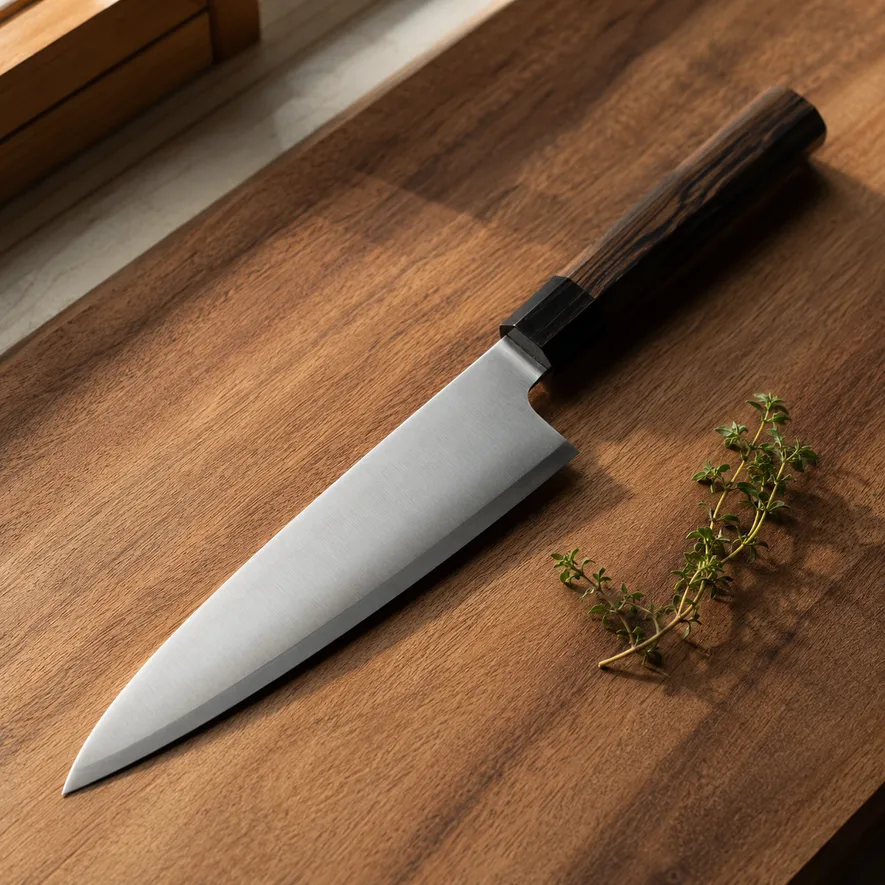 Japansk Gyuto kockkniv på träskärbräda med örter bredvid