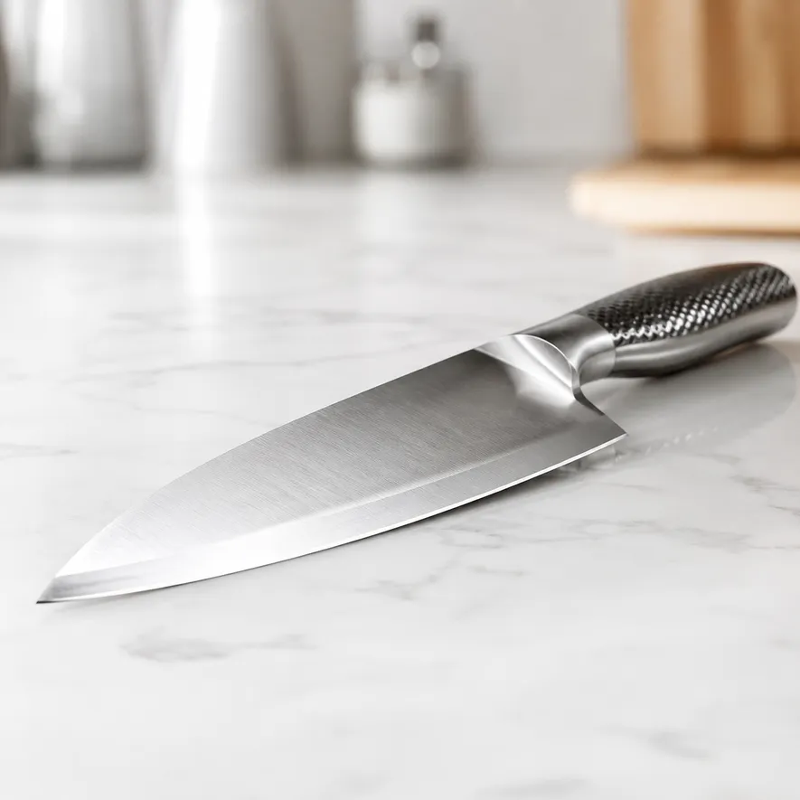 Modern rostfri kockkniv med tjockt blad på marmorbänk