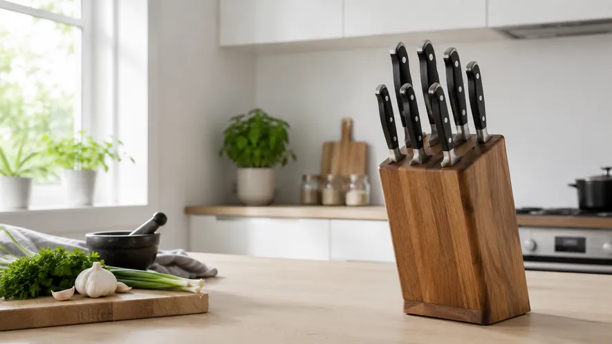 Knivblock i trä fyllt med köksknivar på en ljus köksbänk i nordisk stil