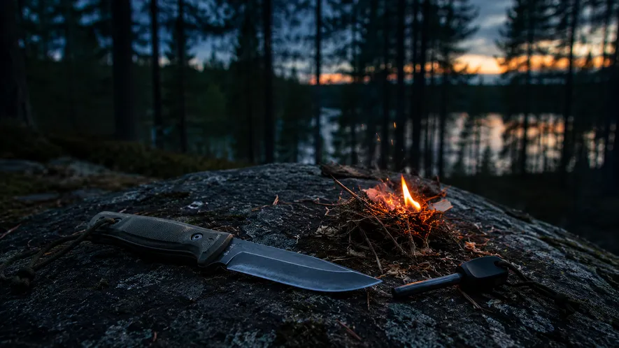 Överlevnadskniv med tändstål och torra kvistar på en sten i skogen vid skymning