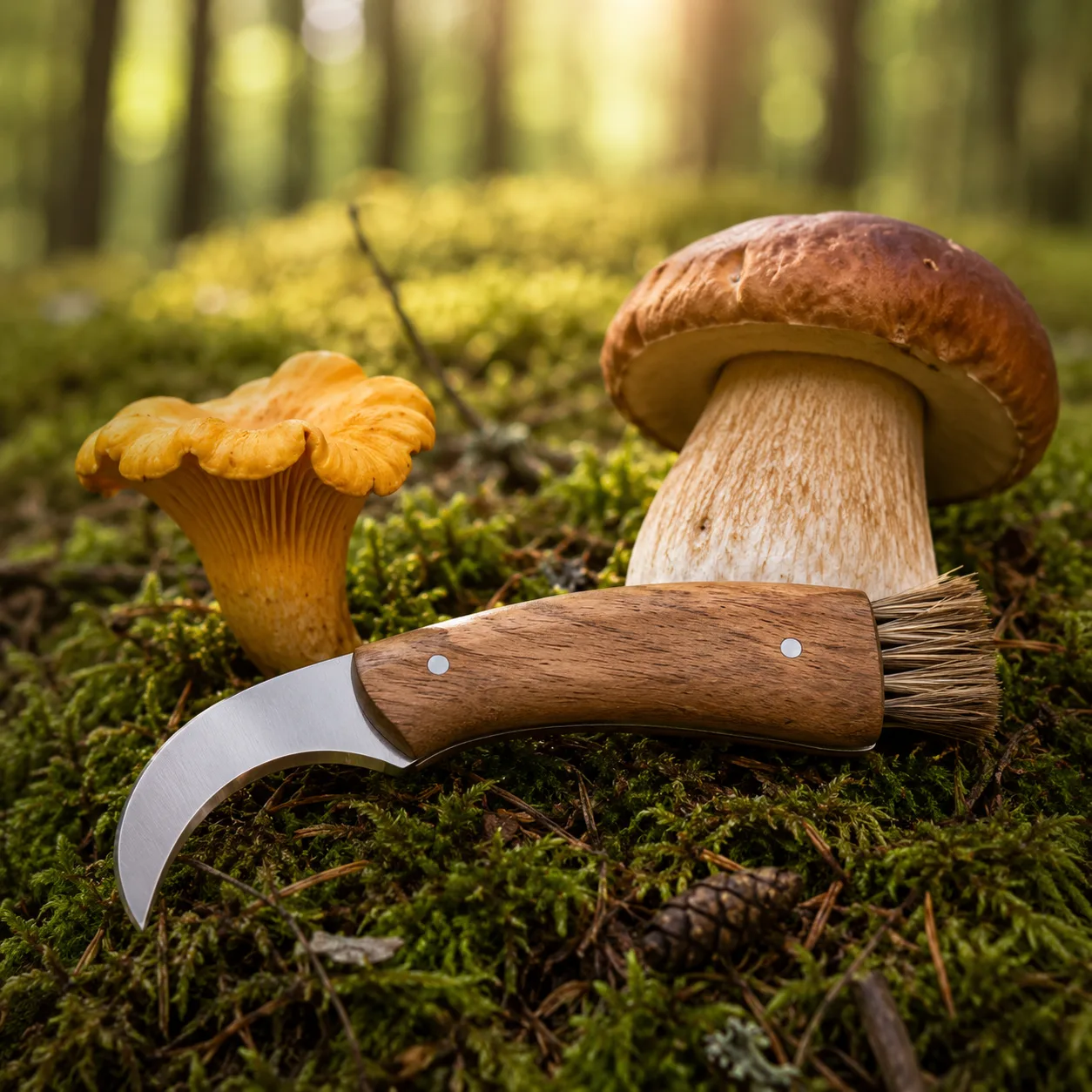 Svampkniv med träskaft och borste liggande bredvid plockat svamp i skogen