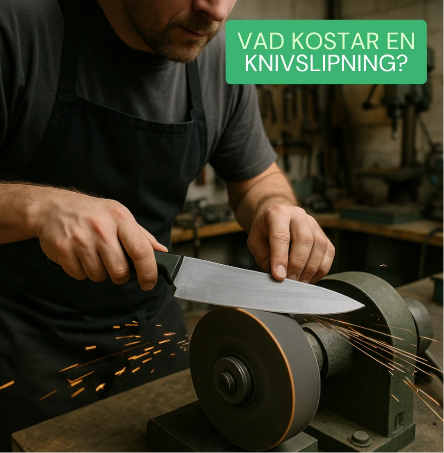 En man slipar en kockkniv på slipmaskinen i sin verkstad