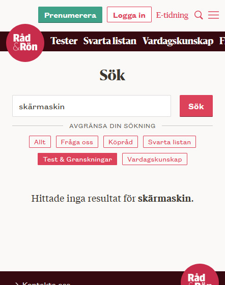 Skärmdump 241125 från Råd & Rön, sökning på skärmaskin visar 0 resultat